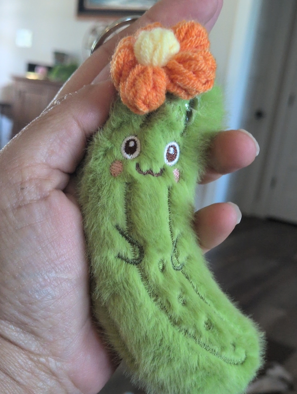 Plush Green Pickle Keychain with Orange Flower - Cute Card Holder Accessory